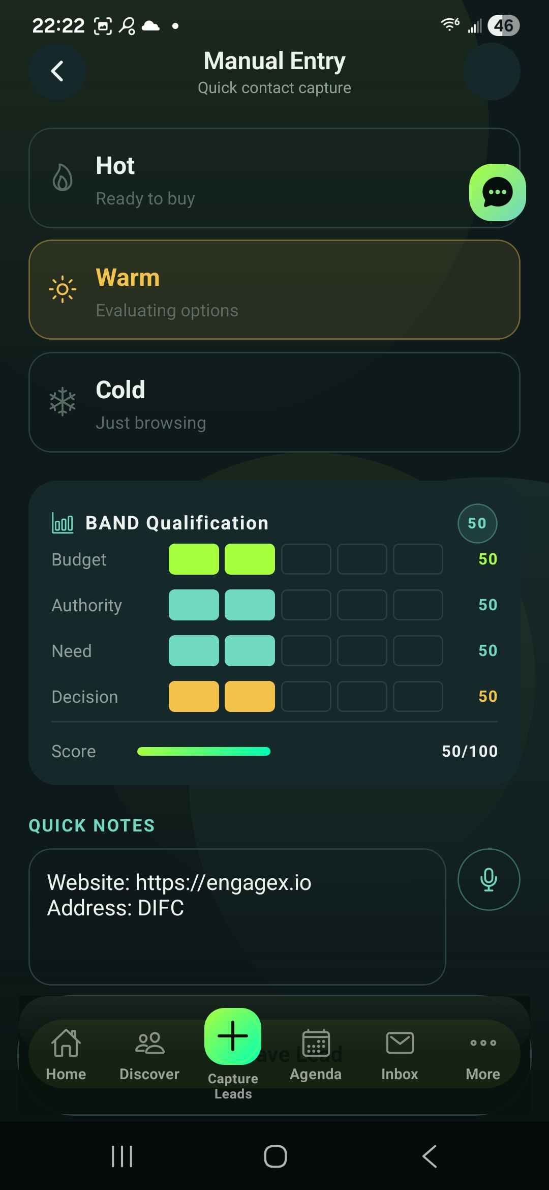 BAND qualification scoring inside the EngageX app