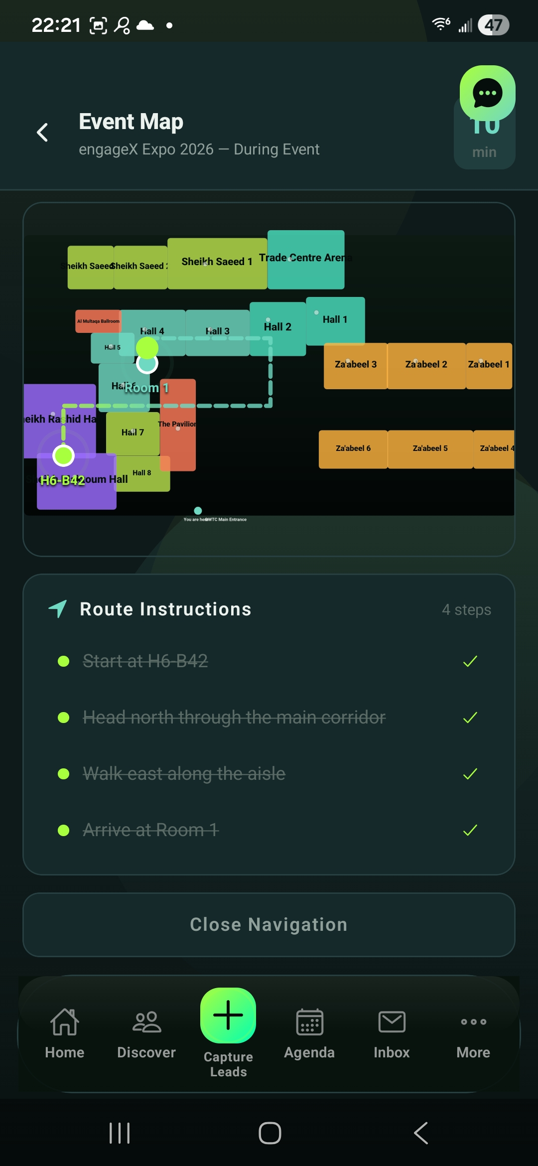 Offline-first venue map with lime pins for every meeting and booth on your route