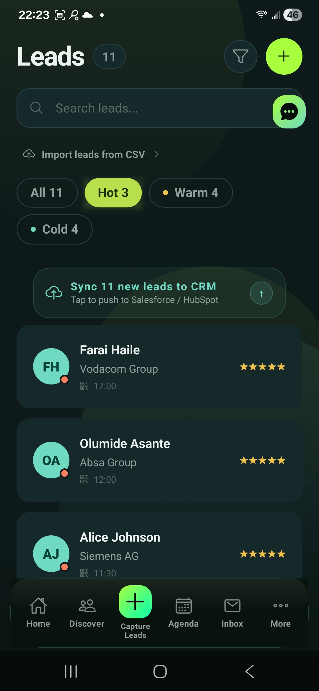 Captured leads ranked Hot/Warm/Cold and ready to sync to Salesforce or HubSpot