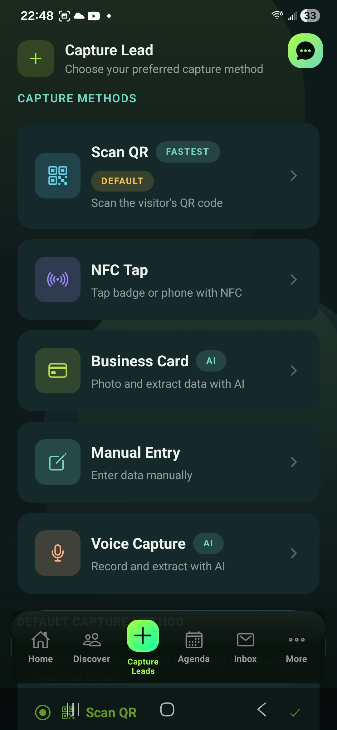 A lead captured via NFC tap, badge scan, voice note, business card photo, or manual entry