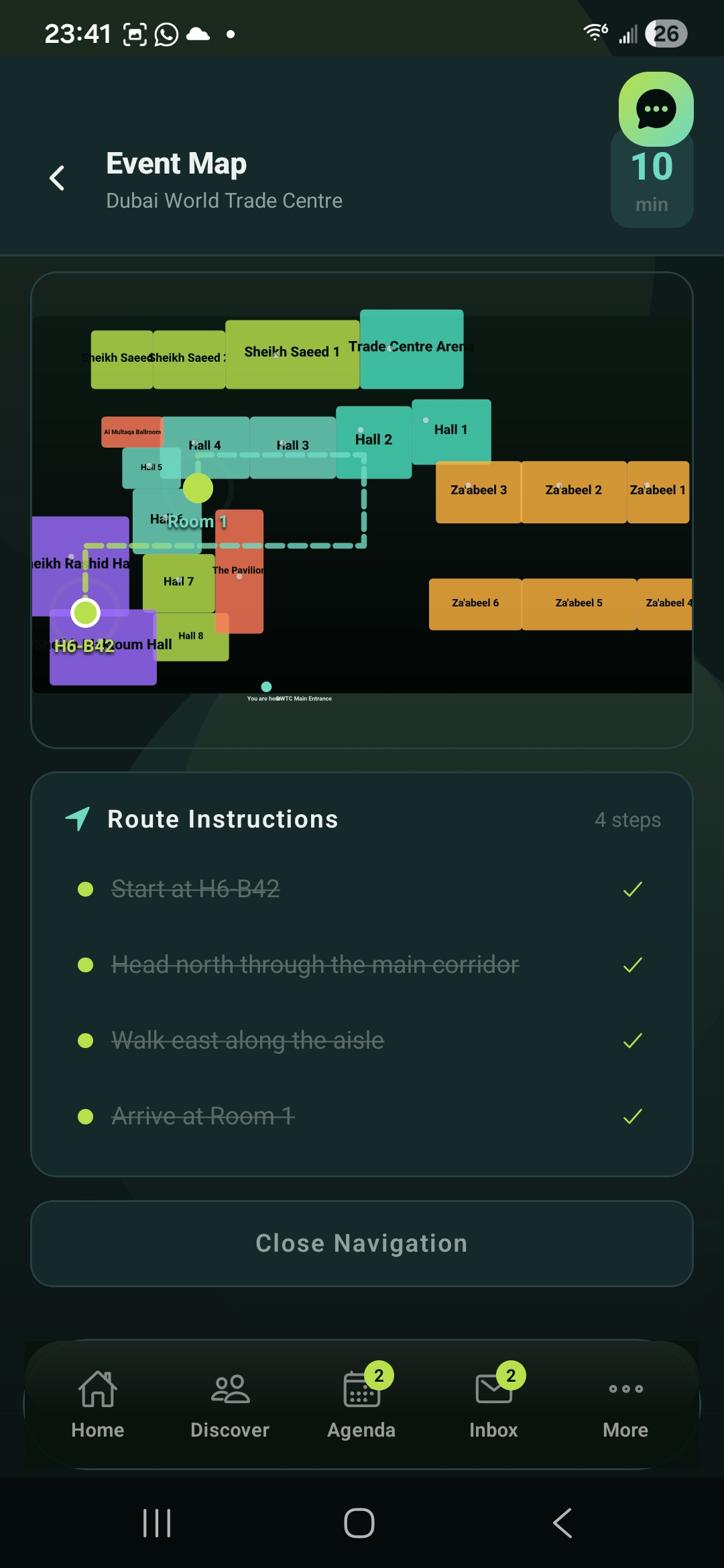 Offline-first venue map with lime pins for every meeting and booth on your route